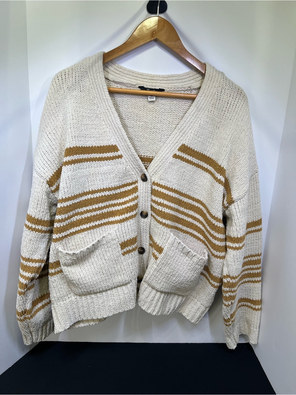 Striped Cream & Mustard Button-Up Cardigan Sweater
